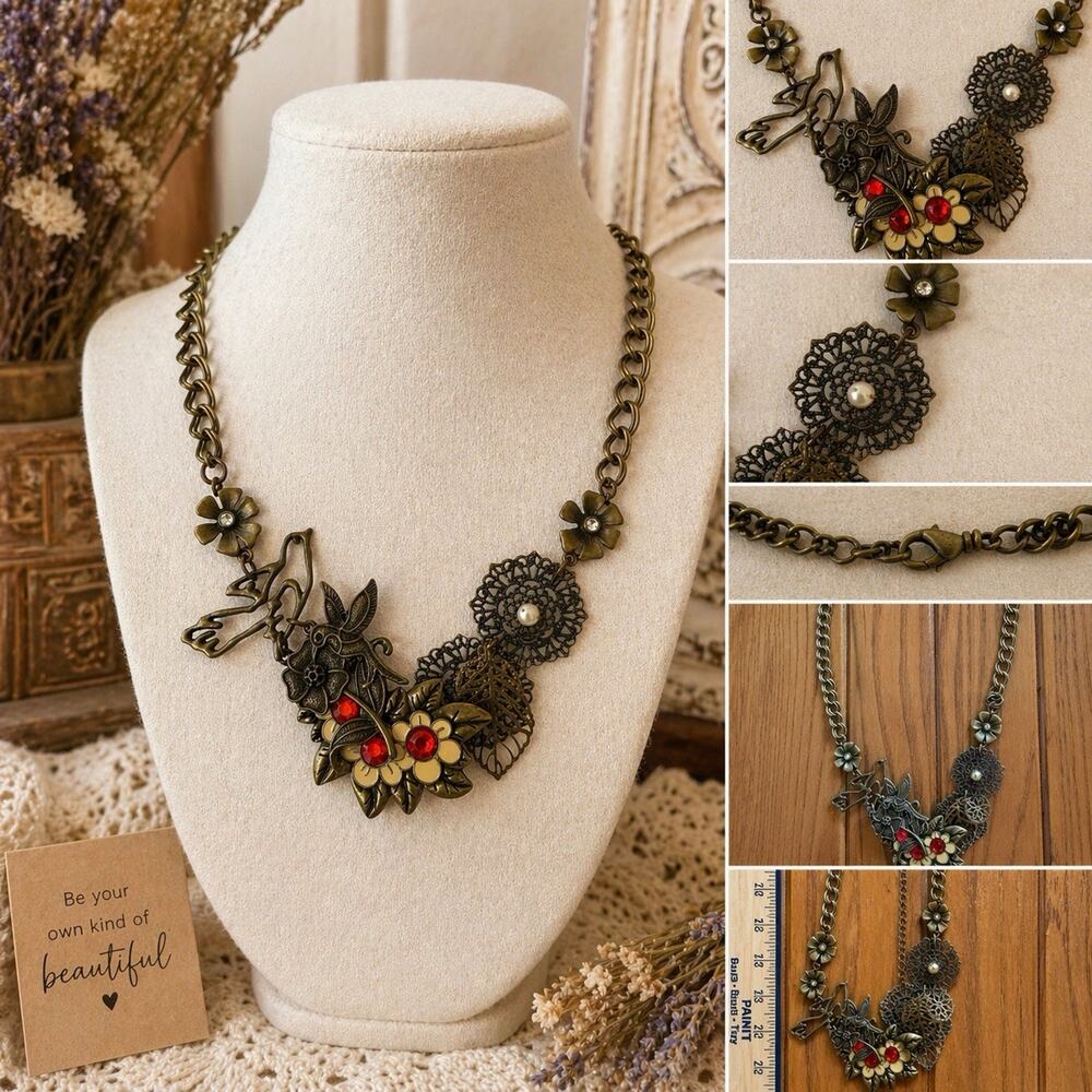 Vintage Statement Necklace Brass Tone Floral Bird Rhinestone Boho Bib Collage - Picture 2 of 10